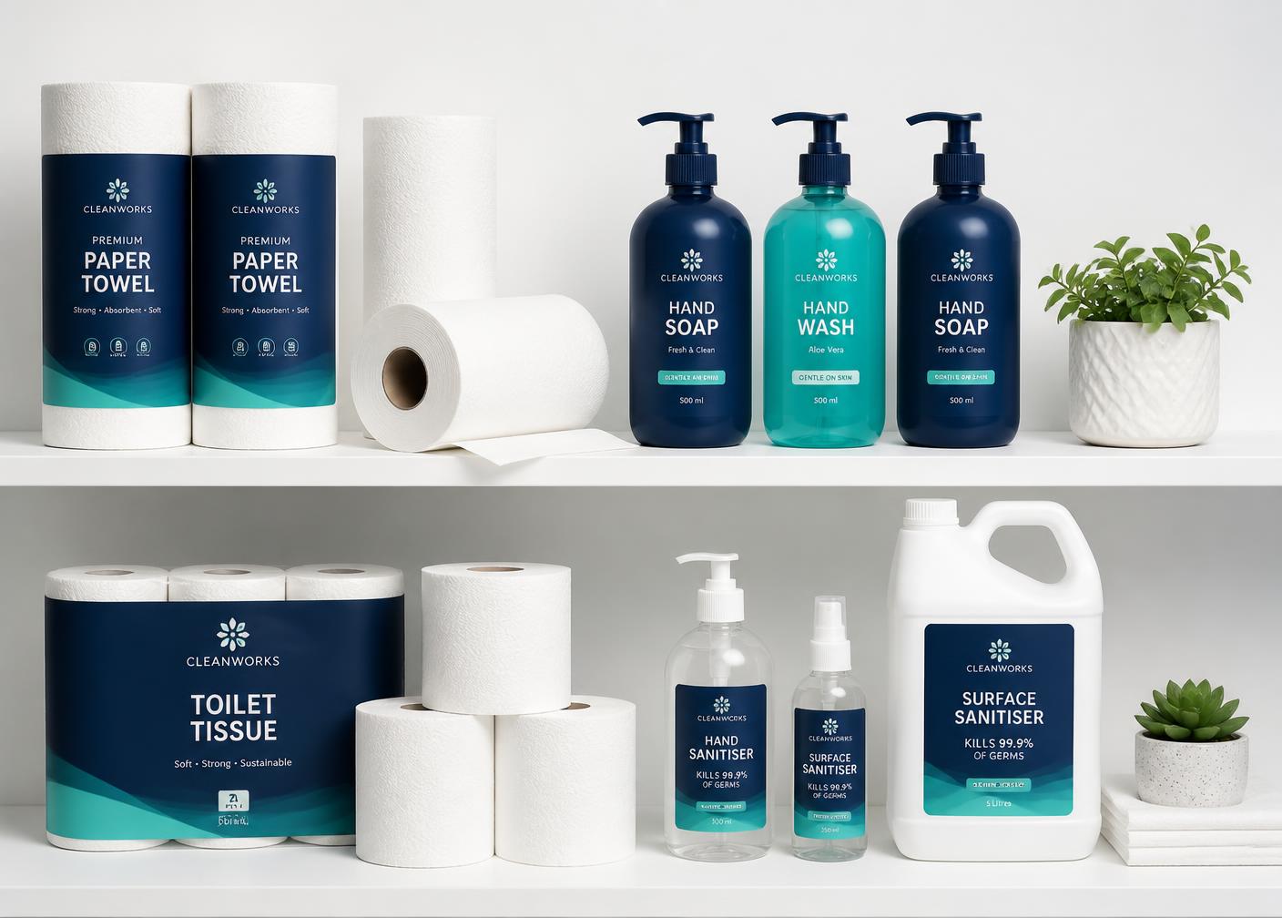 Neatly arranged washroom hygiene consumables and sanitising products