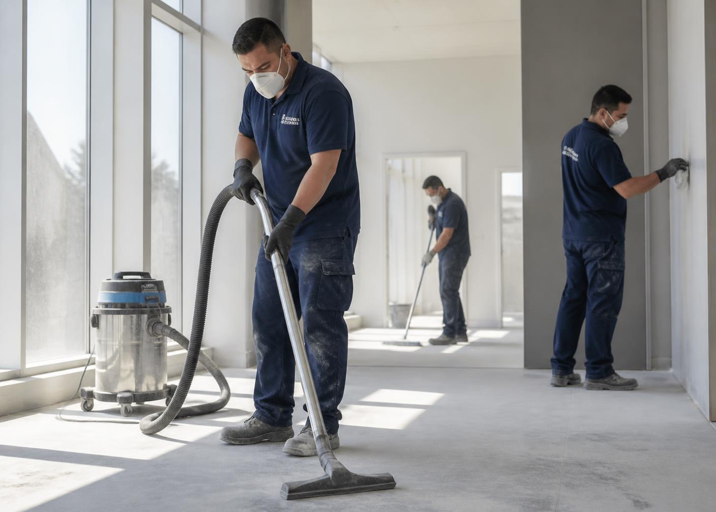 Cleaning specialists removing construction dust from a newly built interior